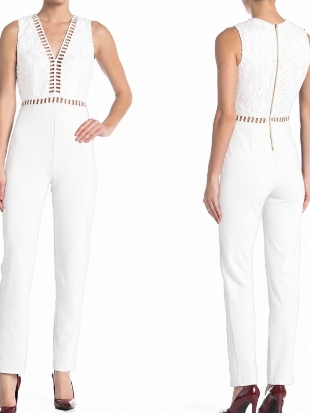 Love X Design White Lace And Lattice V-Neck Jumpsuit Sz M